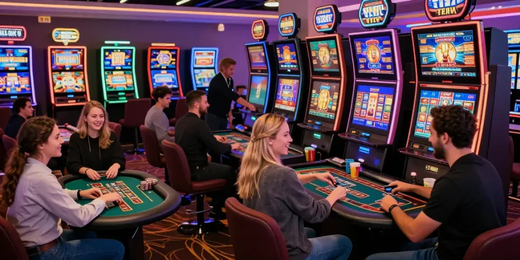Players at online casinos that accept credit card enjoying games with vibrant neon lights and modern technology.