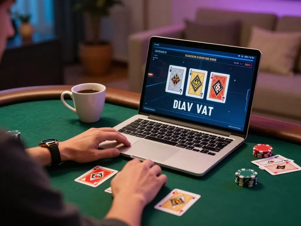 KUBET player engaged in online poker game on a laptop, showcasing strategic gameplay and cozy setting
