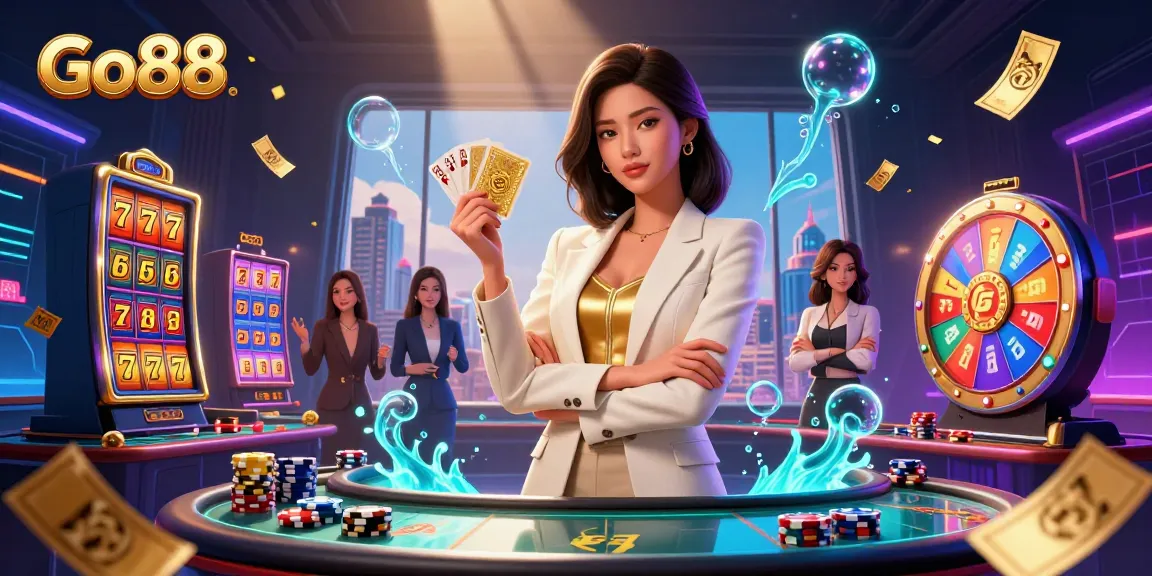 Win big with Go88 in a bustling casino scene featuring vibrant slot games and glamorous characters.