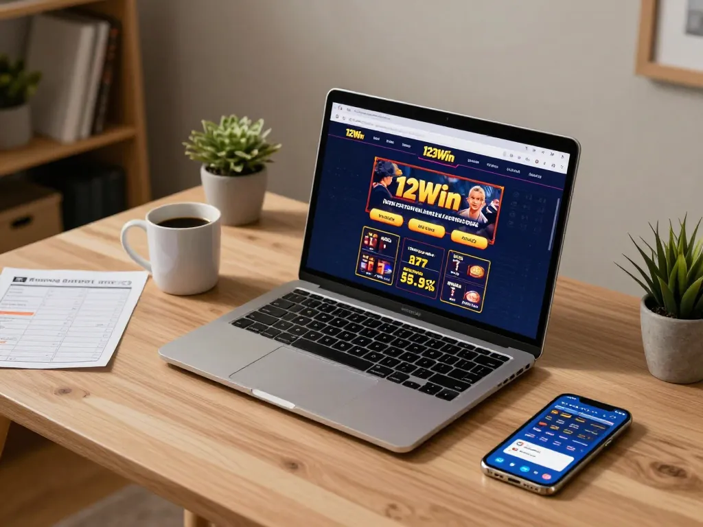 Person engaging with 123Win online casino gaming on a laptop, showcasing a casual home setup