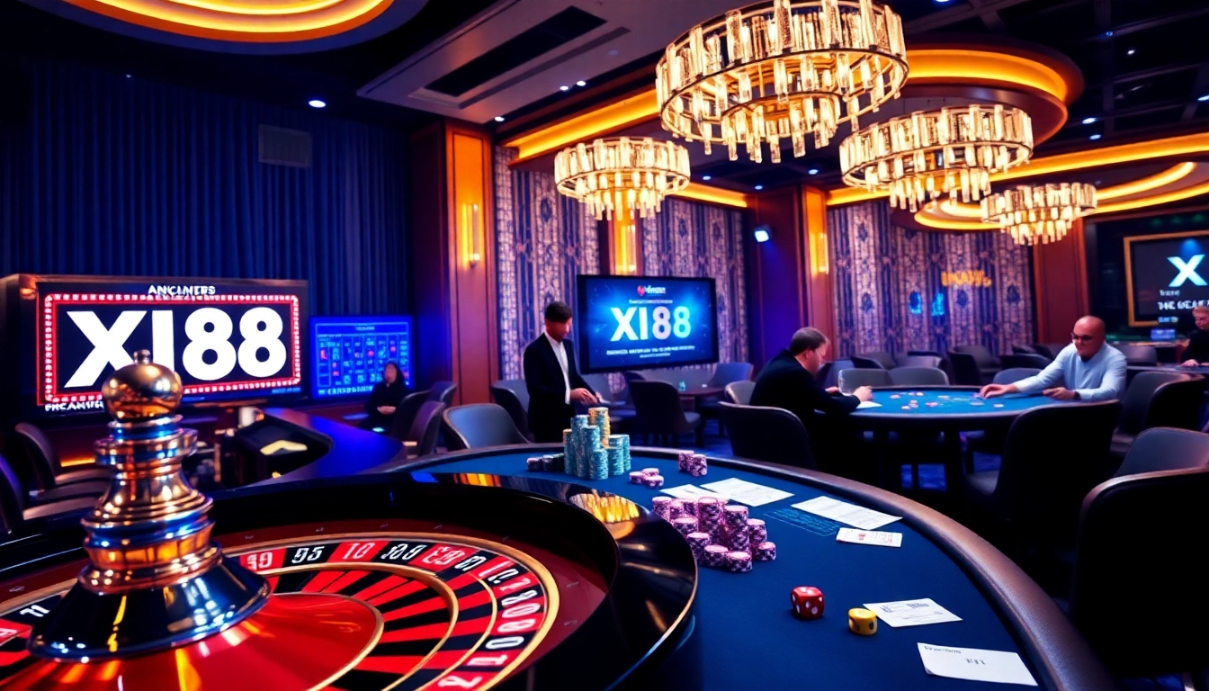 Exciting online gaming scene at XX88 with poker chips and roulette wheel.