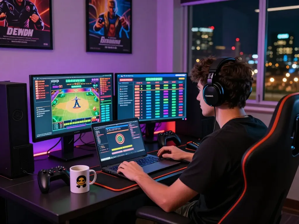 Bomwin online gaming interface with a vibrant workspace and gaming accessories.
