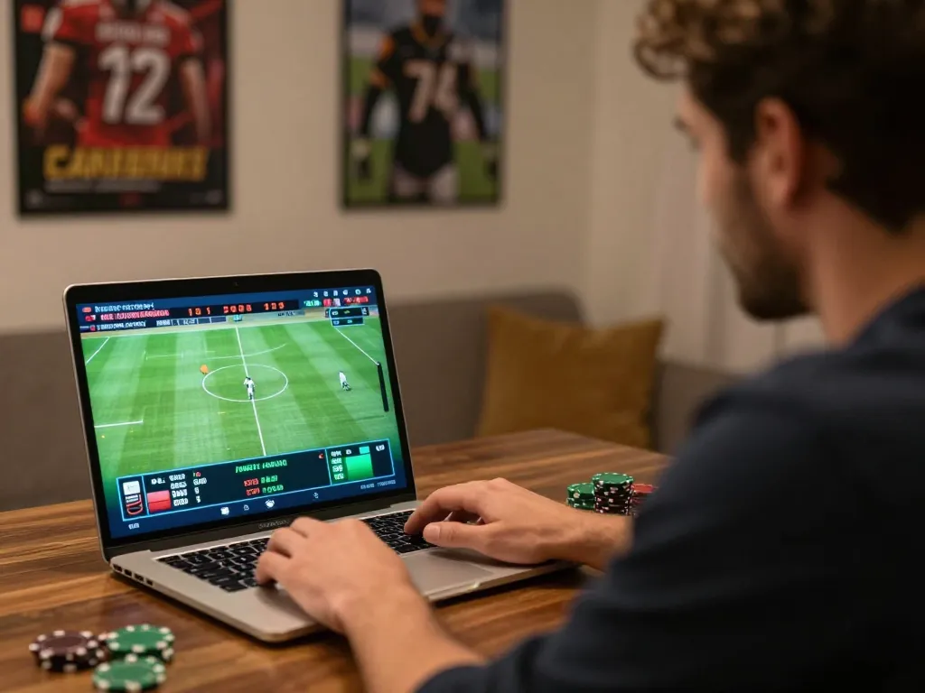 Gambler using 188bet for online sports betting while analyzing betting odds in a cozy home office.
