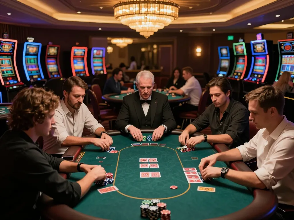 Players engaging in strategic betting at a luxurious poker table on 33win platform.