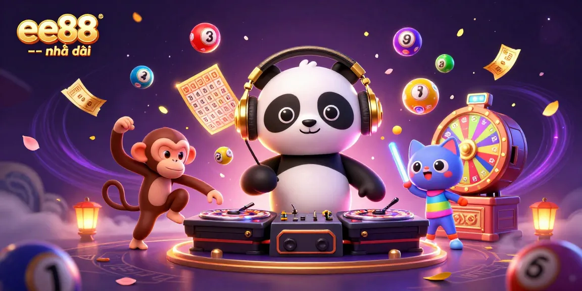 Experience excitement with ee88 -- nhà cái's dynamic 3D casino scene featuring a DJ panda, dancing monkey, and rave kitten.