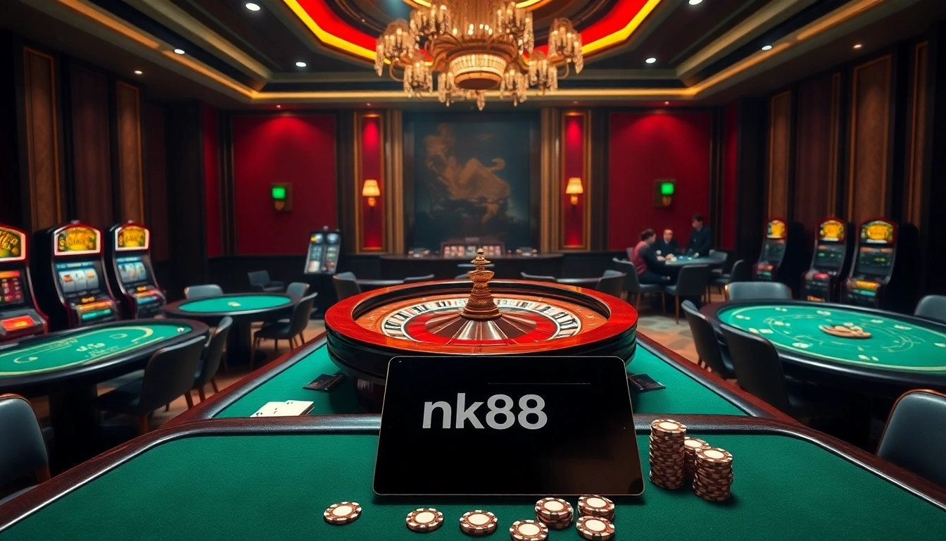 Experience the thrill of nk88 at a luxurious casino setting with poker tables and roulette.