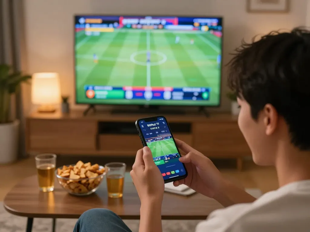 Engaging in live betting on 90Phut TV while celebrating a sports event in an inviting home environment.