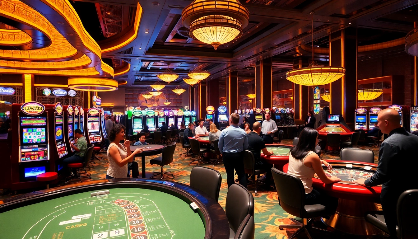 Experience the excitement of kuwin gaming in a luxurious casino atmosphere with vibrant slot machines and engaging tables.