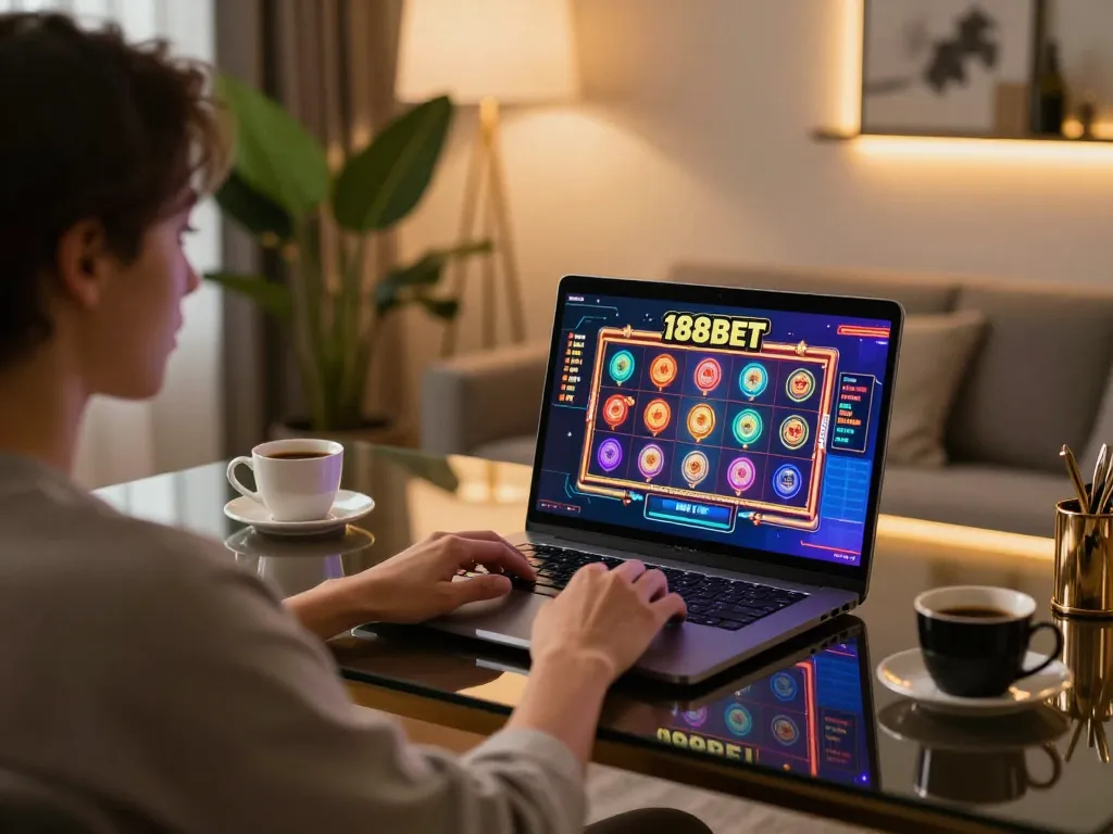 Person playing on 188bet online casino in a stylish home office, showcasing strategic gameplay.