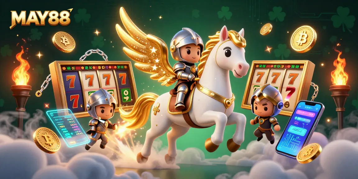 MAY88 slots and jackpots showcased vividly with a knight on a celestial horse in an enchanting casino scene.