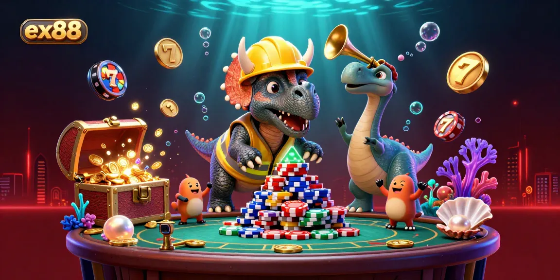 Celebrate with ex88 characters in a vibrant casino scene filled with poker chips and slot reels.