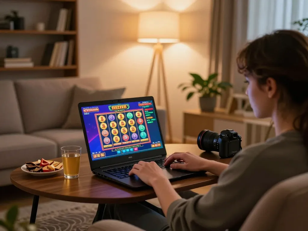 Engaging in online casino gaming on EE88 with a vibrant setup in a cozy home