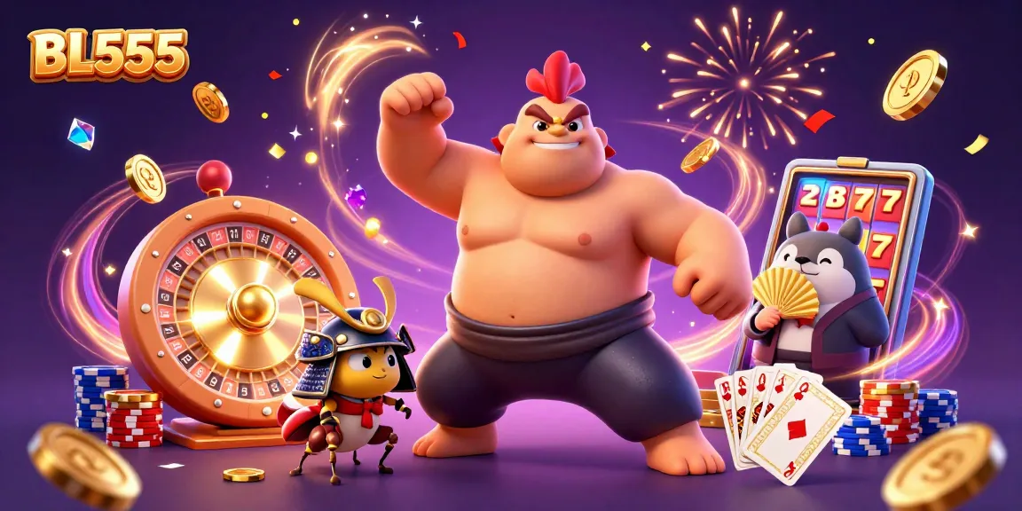 Experience the excitement of BL555 with a powerful sumo rooster, fierce cricket, and tanuki announcer amid casino action!