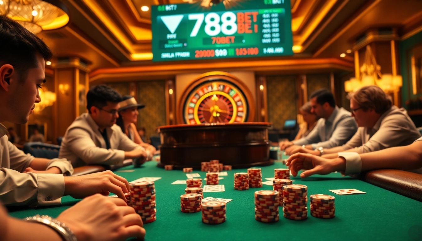 Players engaging in a thrilling poker game at 789BET's luxurious casino table.