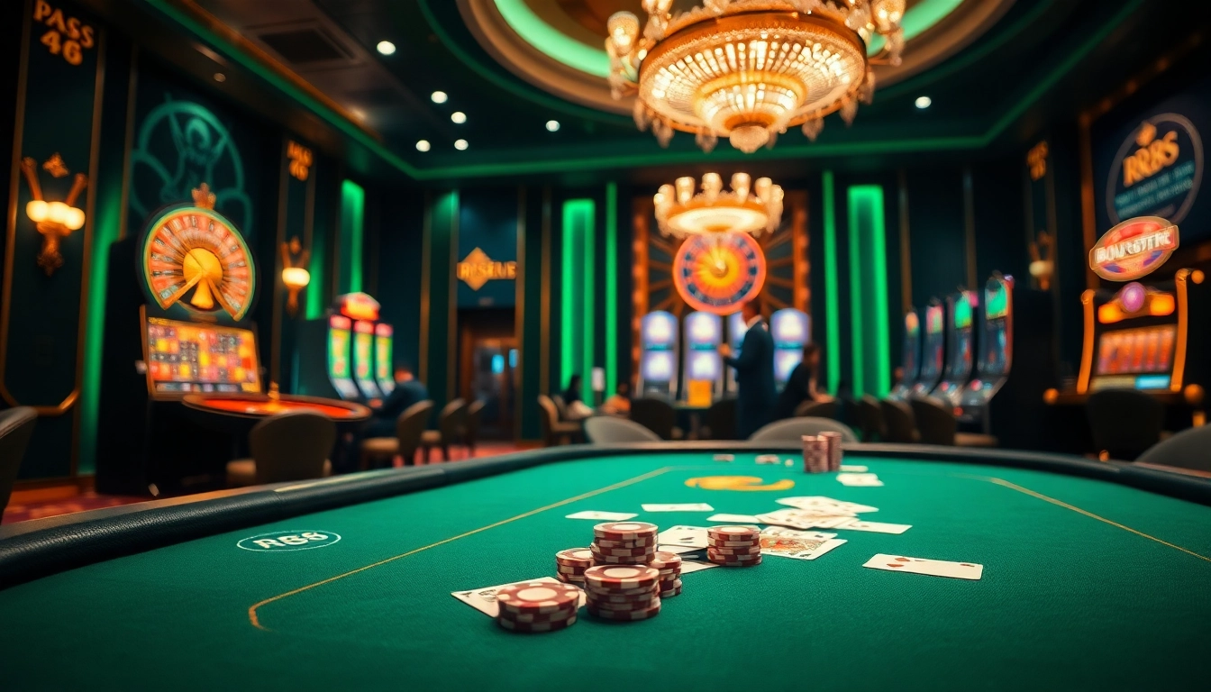 RR88 gaming scene with poker chips and cards on a luxury casino table.