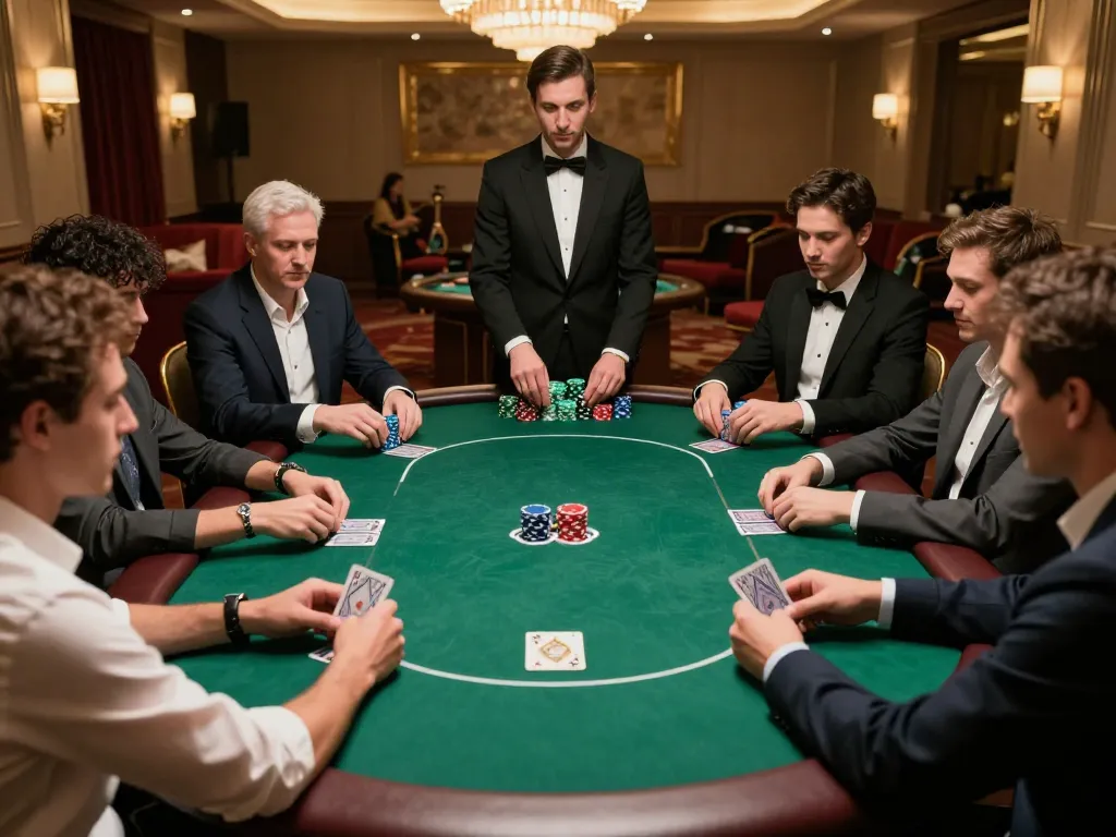 Experience the strategic excitement of poker at LLWIN's upscale casino with engaged players and vibrant atmosphere