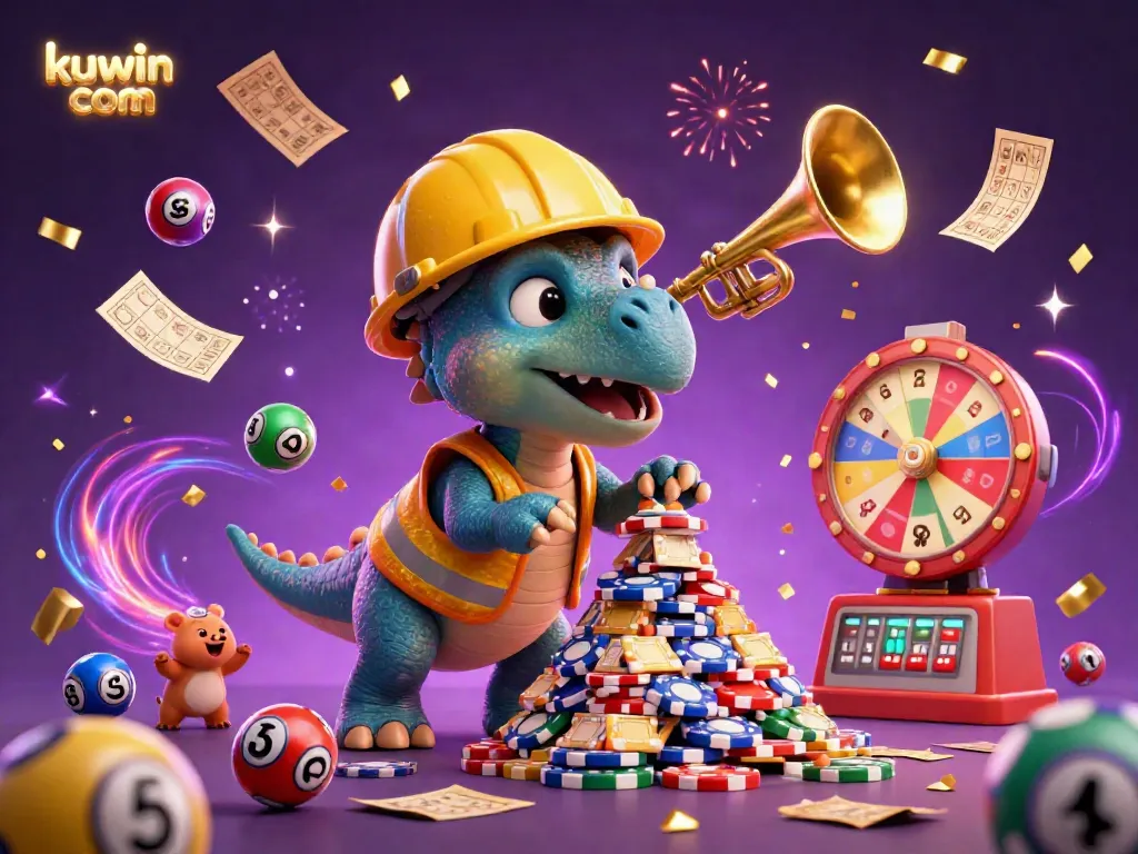 Engage with kuwin com in a vibrant scene featuring a triceratops building poker chips, celebrating with festive elements.