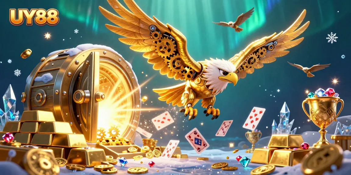 Experience the excitement at UY88 Casino with a vibrant illustration of cybernetic eagles and game elements.