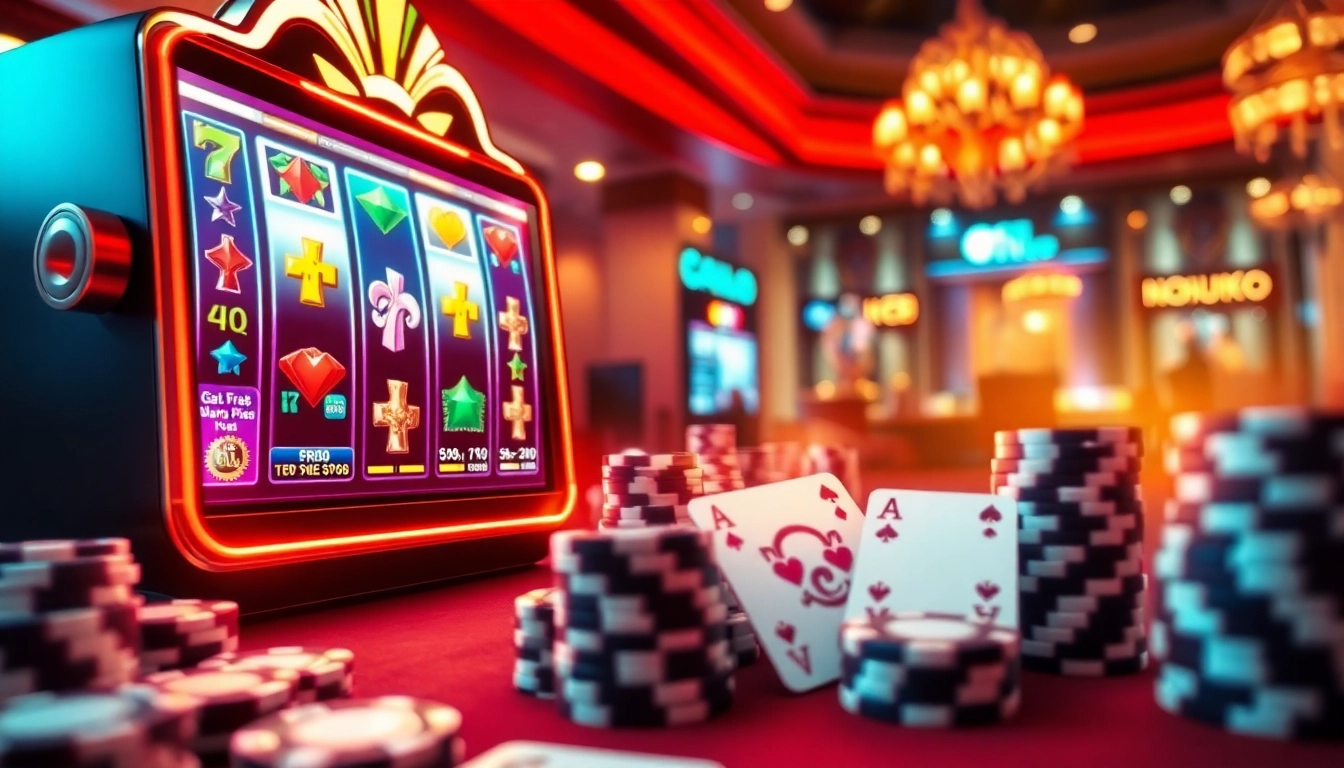 Nohu90 offers thrilling online gameplay with dynamic slot machines, poker chips, and vibrant casino ambiance.