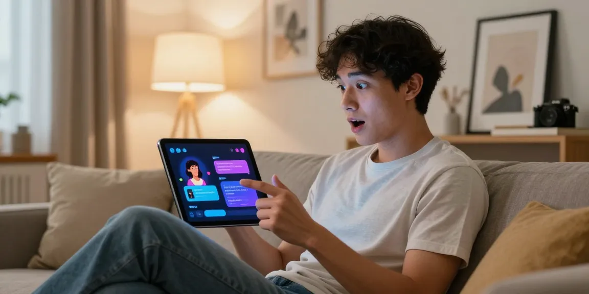 Interactive ai sex chat experience in a cozy home setting with a tablet displaying animated characters and engaging dialogues.