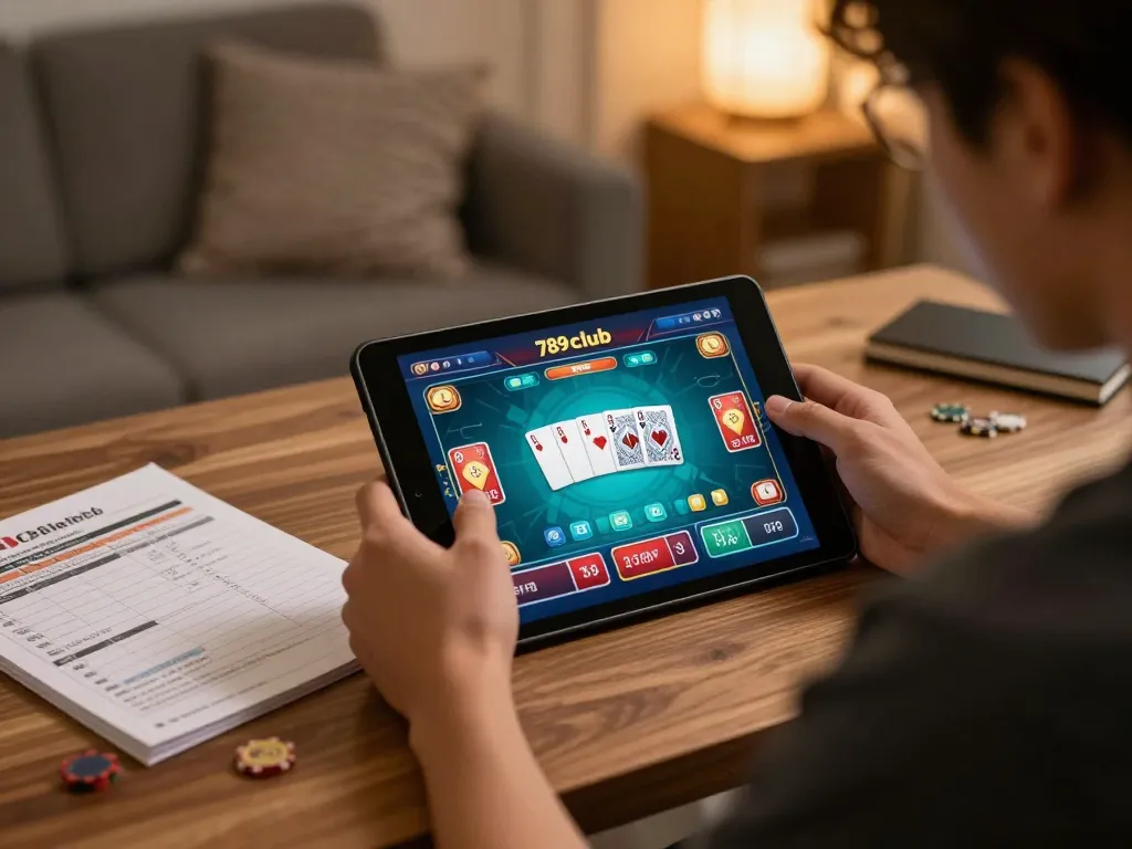 Engaging player enjoying 789club poker game on tablet with strategic notes around.