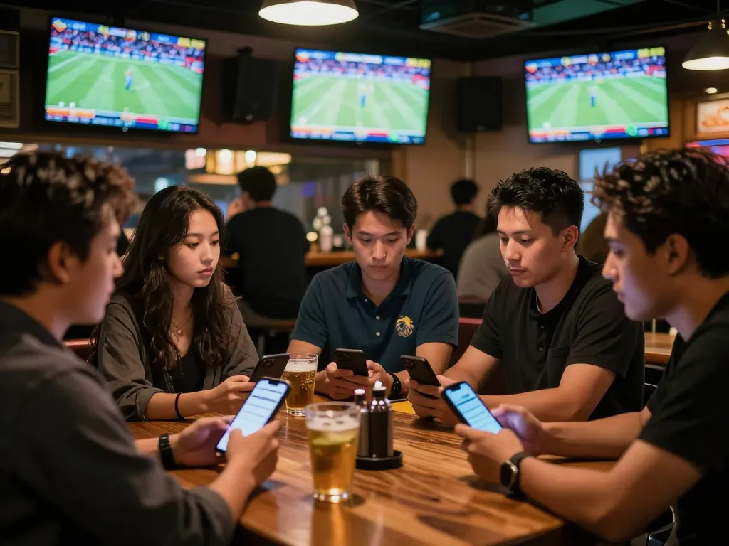 Fun79 enthusiasts placing bets on live sports while enjoying the thrilling atmosphere at a sports bar.