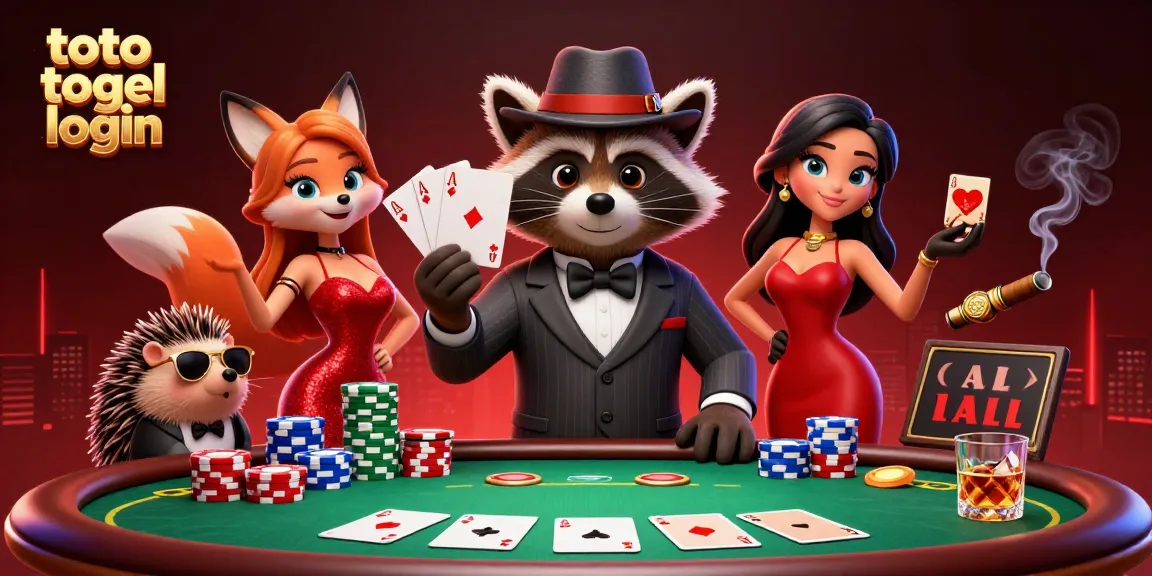 Experience thrills with toto togel login at a vibrant poker scene featuring colorful poker chips, cards, and charming characters.