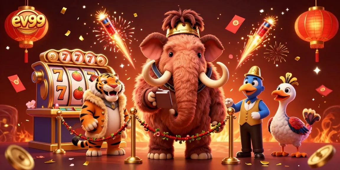Experience the excitement of ev99 with a vibrant casino scene featuring a woolly mammoth bouncer and more.