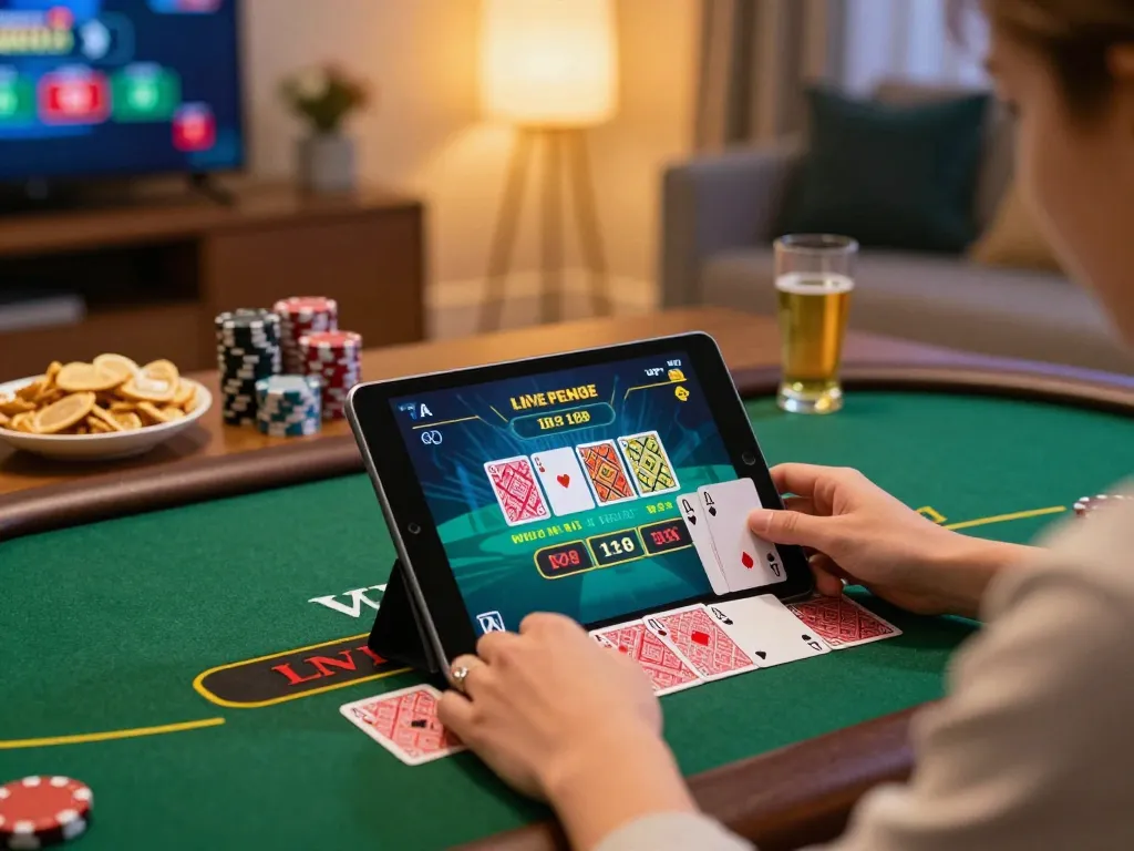 Engage with fb88 live dealer blackjack gameplay on a tablet in a cozy home setting.