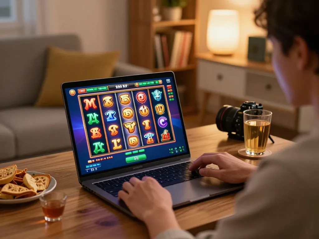 Player enjoying an exciting online slot game on MM88 laptop with vibrant graphics and snacks.