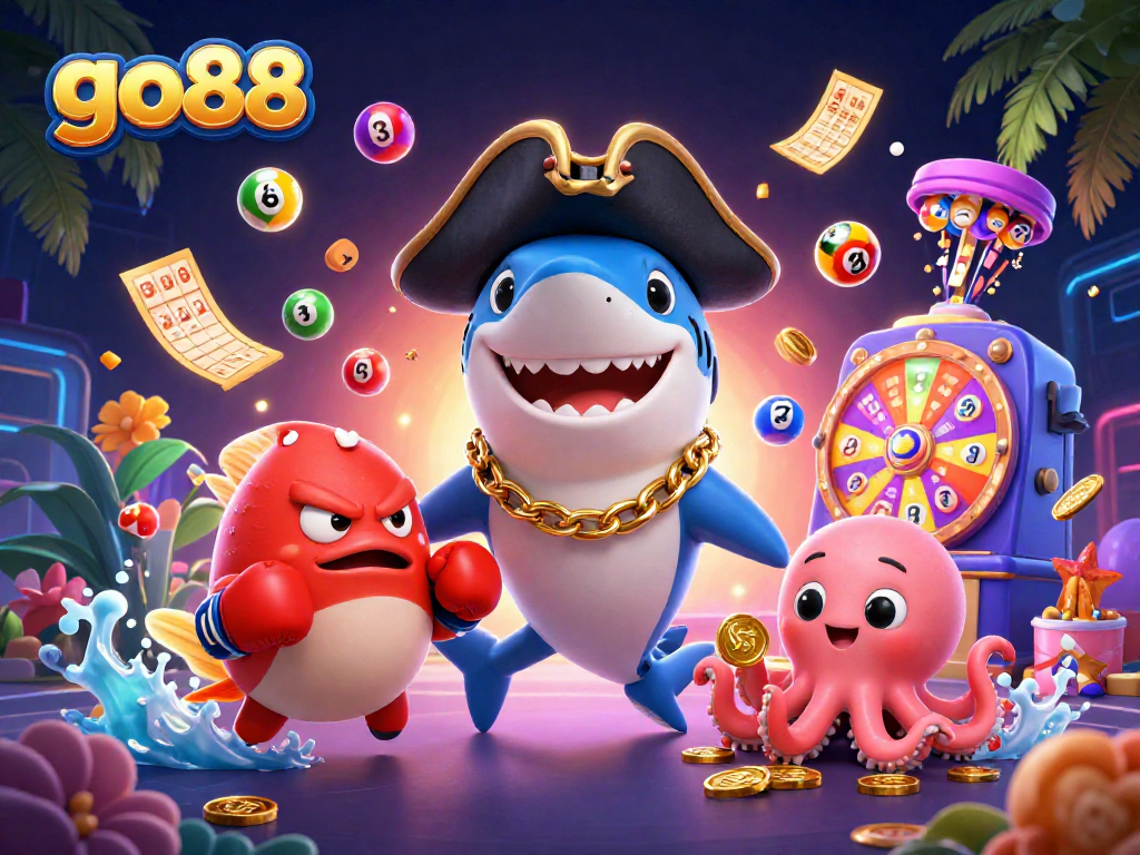 Join the thrilling world of go88 with a vibrant illustration showcasing a pirate shark, pufferfish, and octopus amidst lottery excitement.