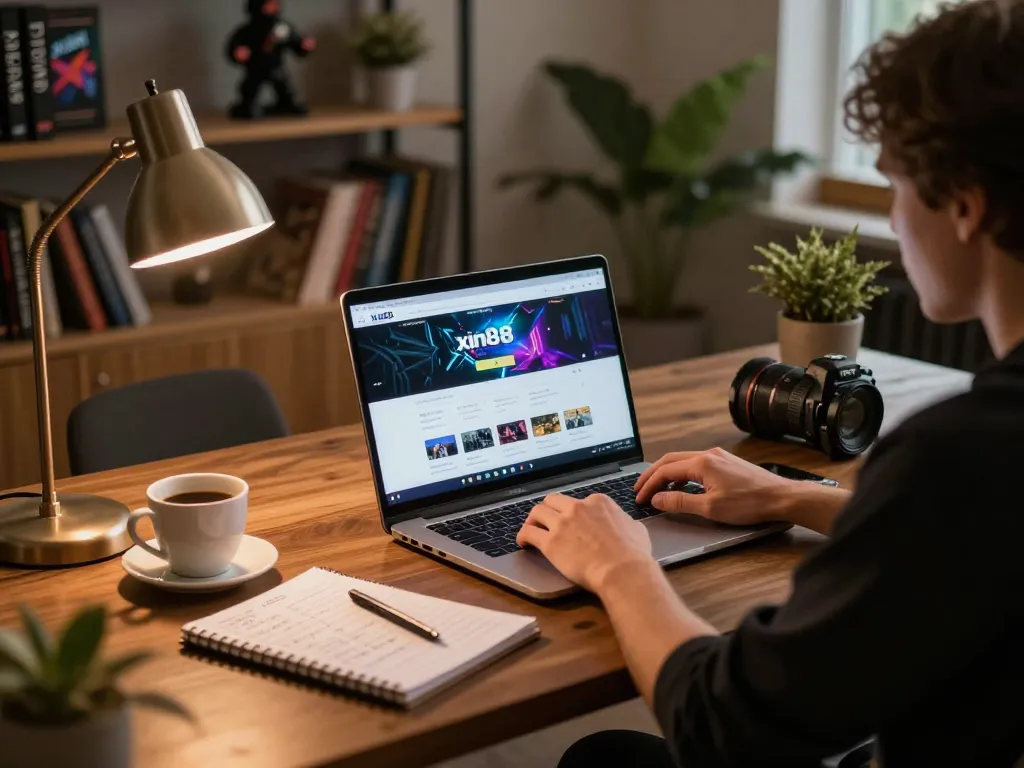 A person enjoys online gaming with xin88 on a laptop, surrounded by strategic notes and coffee