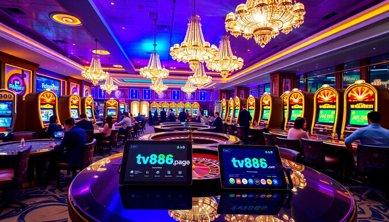 Exciting gaming atmosphere at tv88.page with players enjoying live roulette and poker.