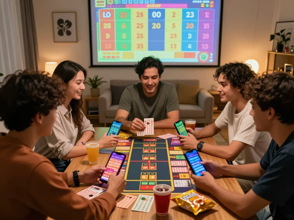 Friends enjoying a lively session of lô đề online betting, surrounded by lottery tickets and smartphones in a cozy living room.