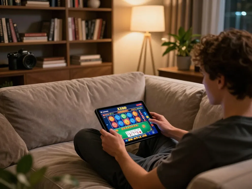 Player engaging with XX88 online gaming interface on tablet, showcasing a cozy and inviting atmosphere