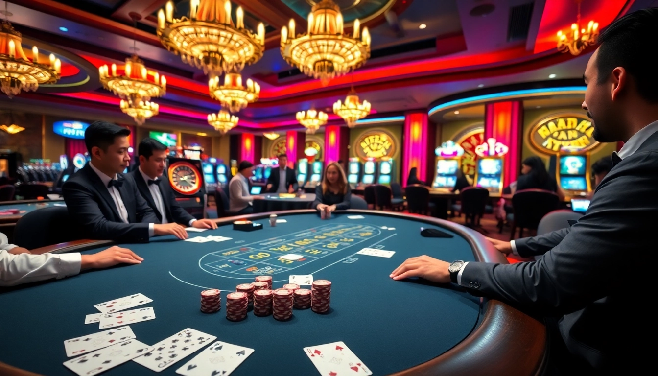 Immerse in the excitement of nhà cái uy tín at a luxury casino table with dealers and players.