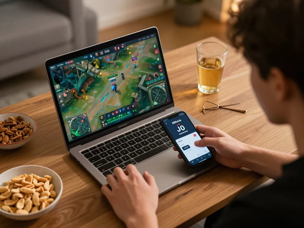 Player enjoying esports betting at 789club with live game display and smartphone.