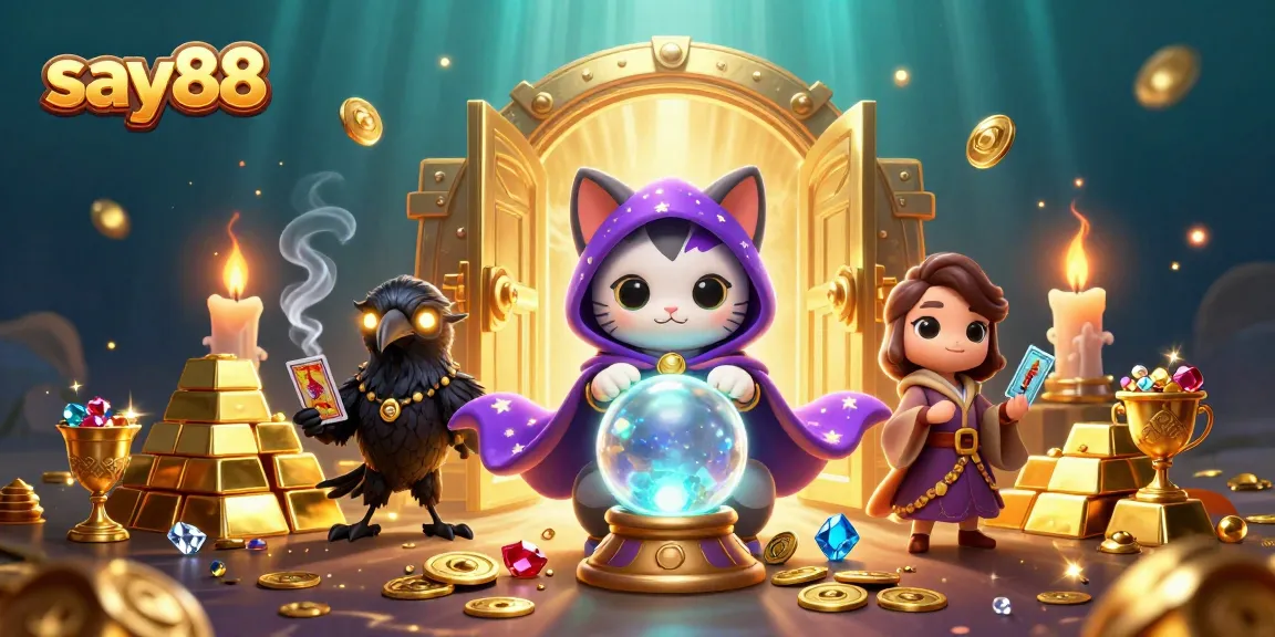 Engage with say88's enchanting casino experience featuring a mystical cat and raven.