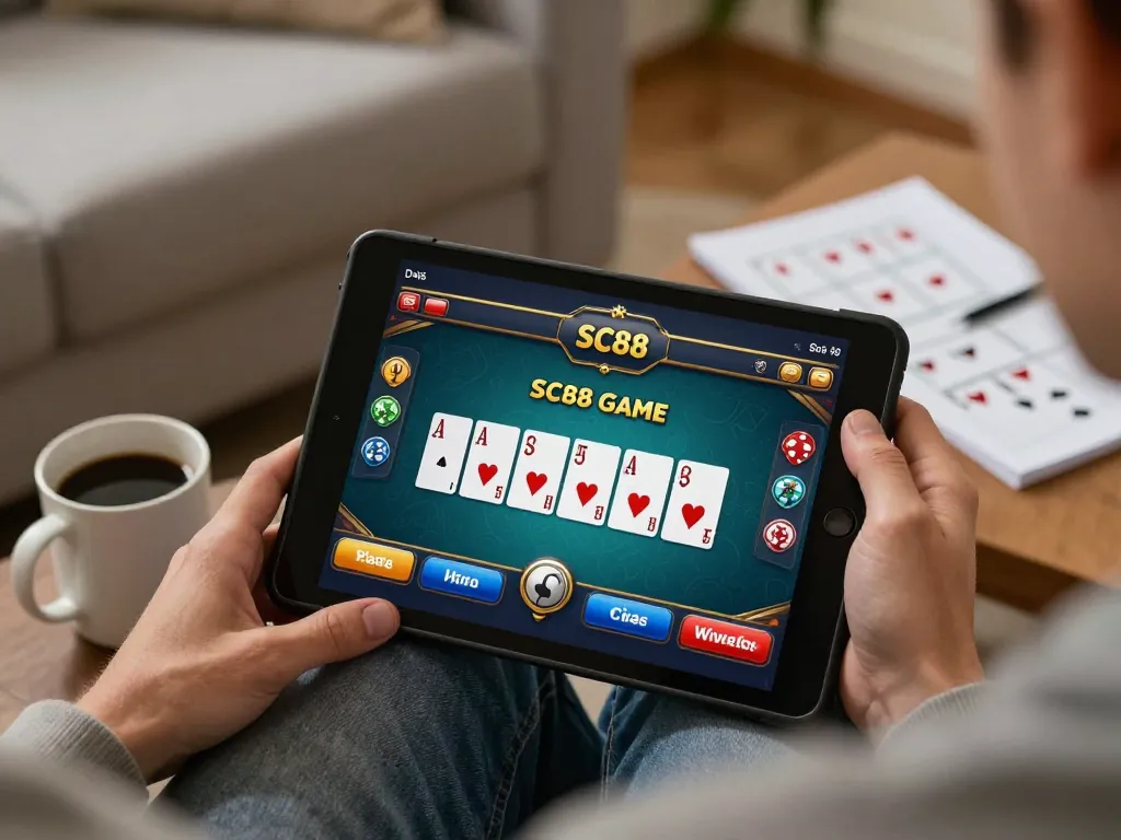 Engaged player enjoying SC88 Game on mobile device, showcasing strategic gaming at home.