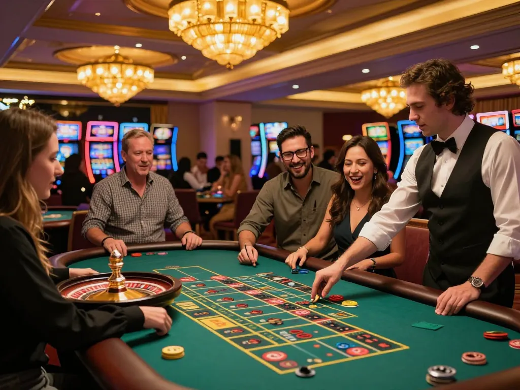 Players are placing bets at the vibrant roulette table in the lively 98win casino environment