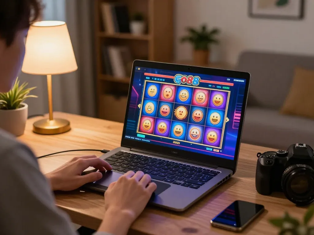 Playing go88 casino slots on a laptop in a cozy home setting, showcasing a vibrant gaming atmosphere.