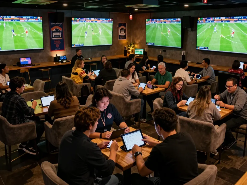 Engaged bettors analyzing การวิเคราะห์ฟุตบอล while watching matches in an upscale sports betting lounge.