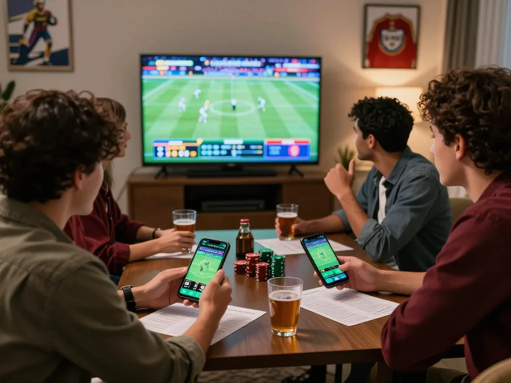 Friends engaged in sports betting with mb66-t app on smartphone, enjoying a lively atmosphere.