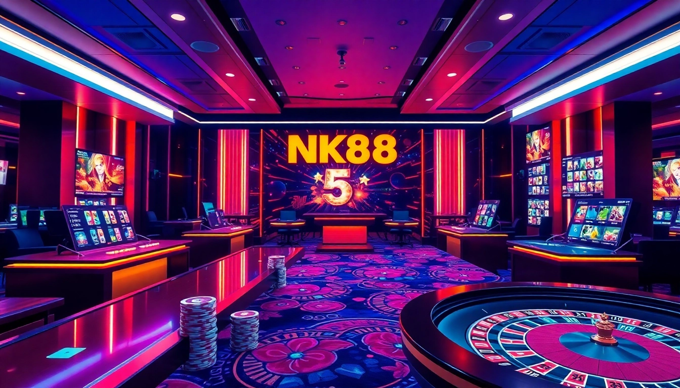 Experience thrilling gambling with NK88's vibrant online casino featuring poker chips and roulette wheel.