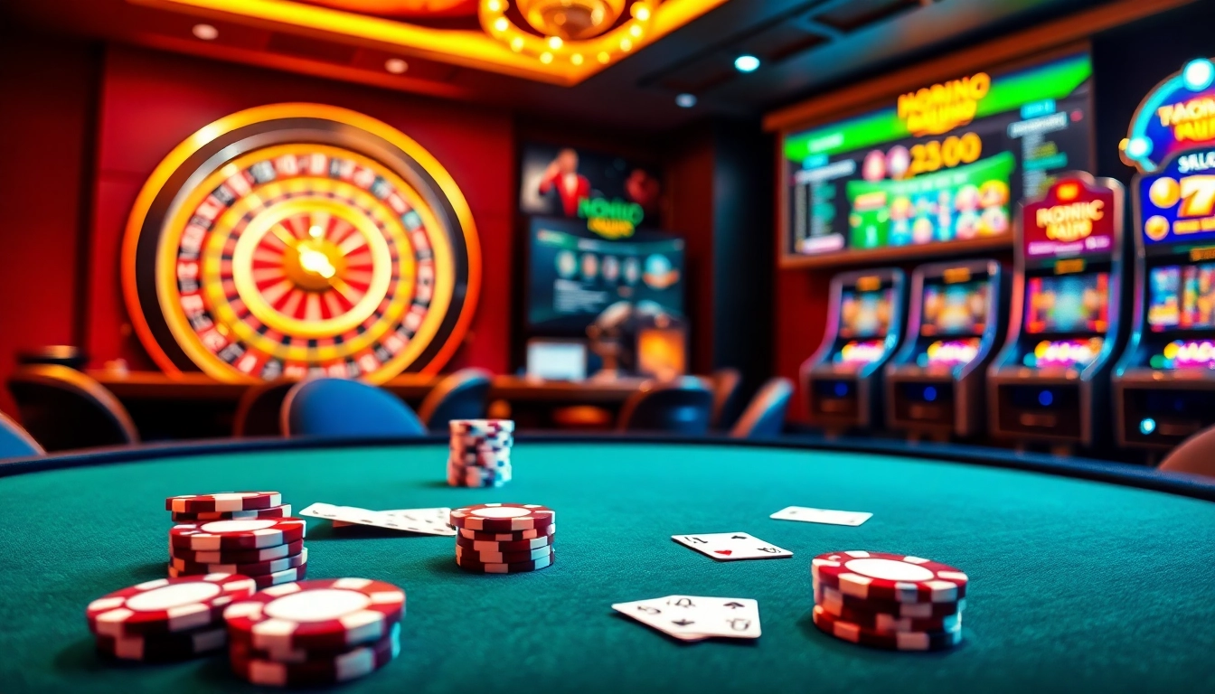 Nohu90 offers a thrilling poker table experience with elegant chips and cards in a vibrant casino.