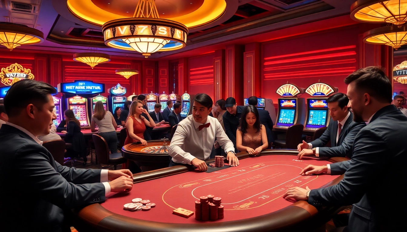 Players experiencing thrilling moments at V7SB casino, featuring poker tables and vibrant slot machines.