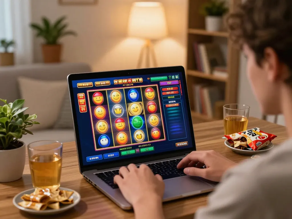 Engaging in online gaming on a laptop, enjoying max88 slots at home.