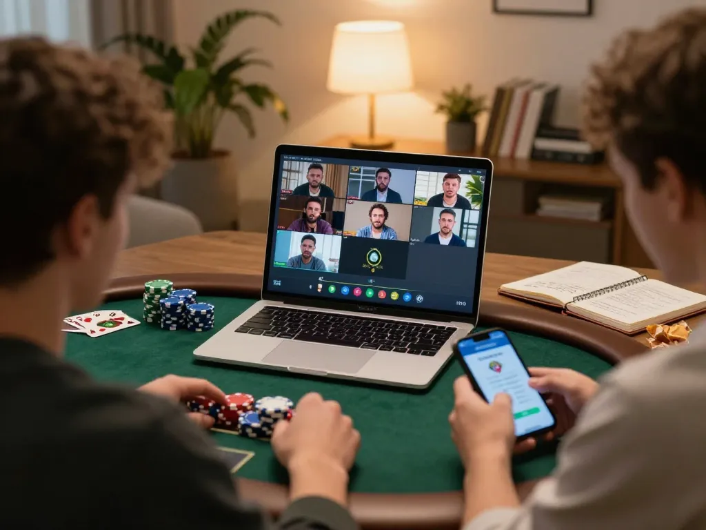 Engaging in online poker strategies at home, focusing on KO66 gameplay with chips and avatars