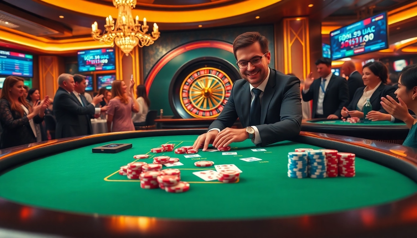 Players enjoying a thrilling game of poker at BL555's vibrant casino table, illustrating luxurious online gambling excitement.