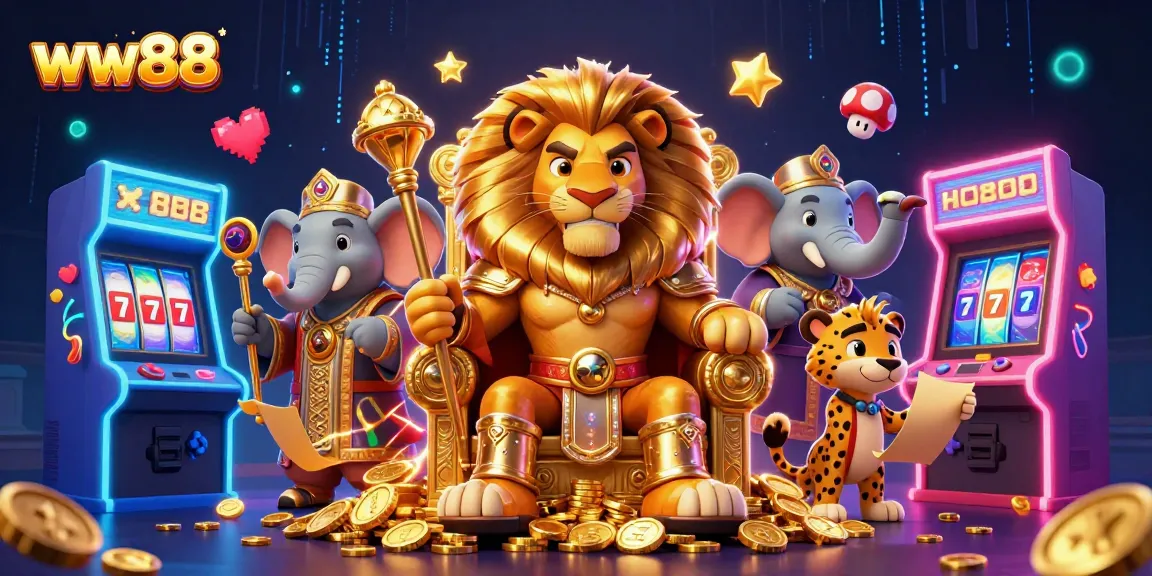 Experience the thrill of ww88 casino gaming with a vibrant 3D illustration featuring a lion king, elephant advisor, and cheetah messenger.